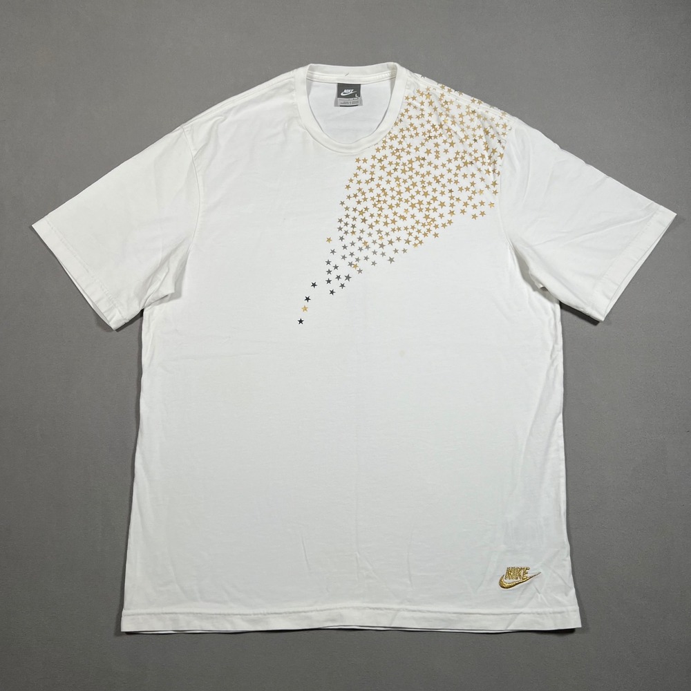 Vintage Nike Mens White Gold Star Graphic T-Shirt Large Short Sleeve Logo